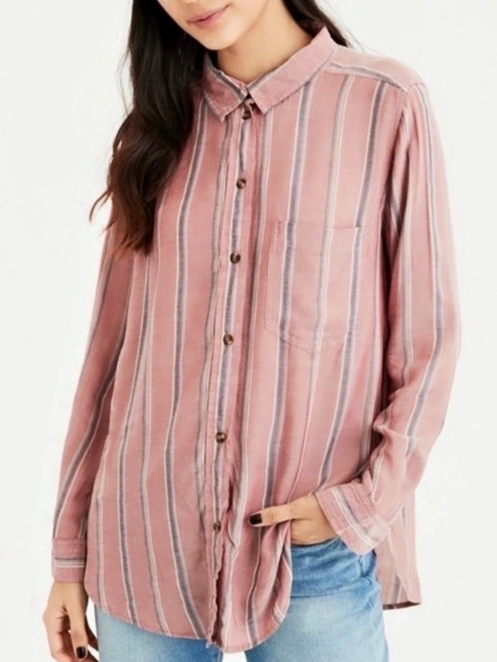 American Eagle Outfitters Striped Button Down Pink & Gray Size Medium